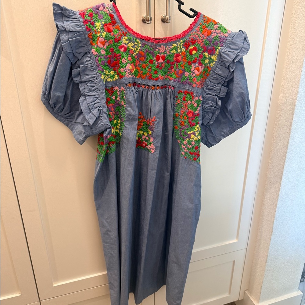 Embroidered Blue Dress with Floral Design